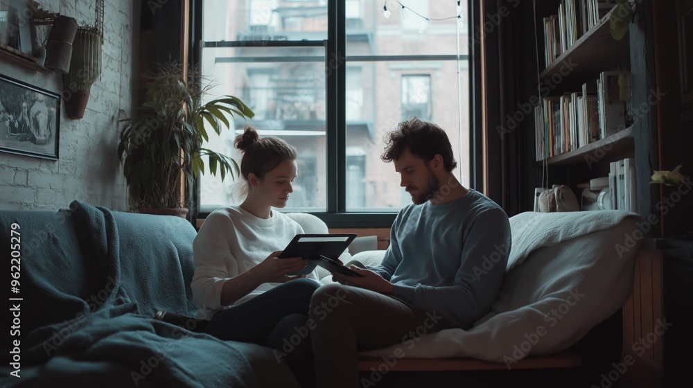 Young couple enjoys slow tech in a cozy minimalist living room during a sunny afternoon Young couple enjoys slow tech in a cozy minimalist living room during a sunny afternoon