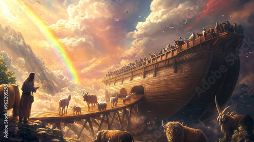 Noah on the Deck of the Ark With Animals Under a Colorful Sky