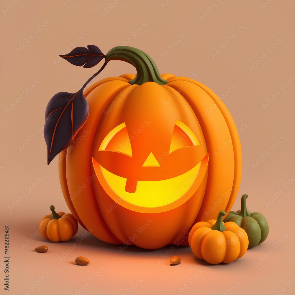 a classic Halloween jack-o'-lantern with a carved smiling face. The pumpkin is glowing from the inside, giving off a warm, orange light through its eyes and jagged mouth a classic Halloween jack-o'-lantern with a carved smiling face. The pumpkin is glowing from the inside, giving off a warm, orange light through its eyes and jagged mouth