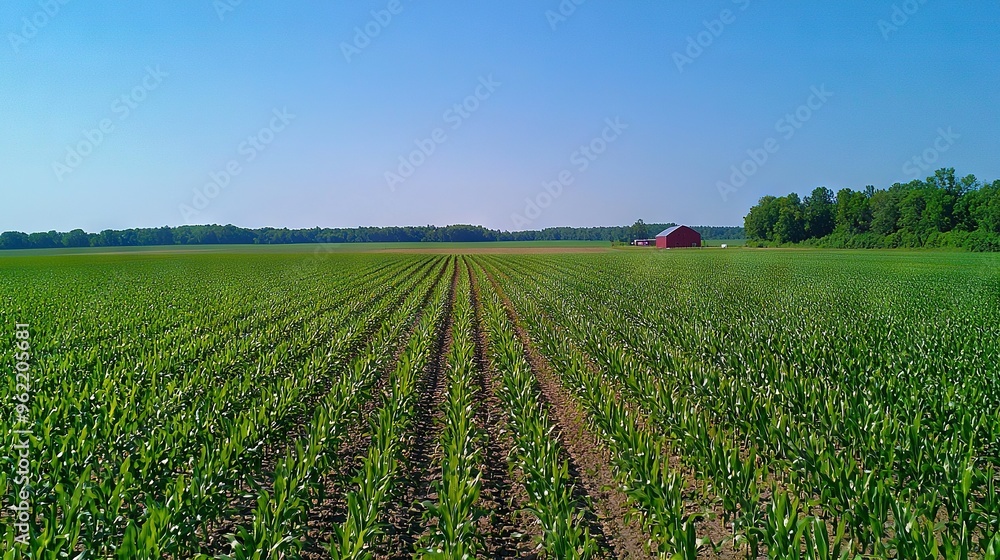 A vast field of corn stretches before a red barn in the distance, framed by a brilliant blue sky A vast field of corn stretches before a red barn in the distance, framed by a brilliant blue sky