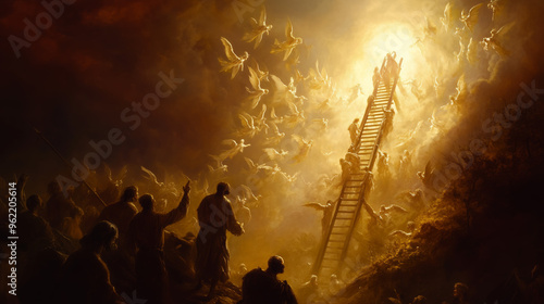 Jacob Dreams of the Ladder to Heaven With Angels in the Night Sky