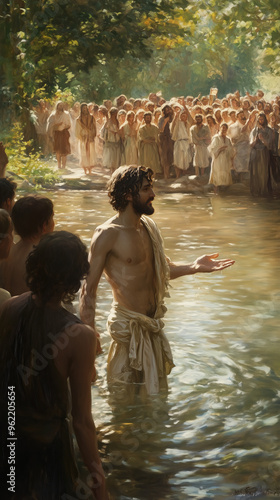 John the Baptist Preaching in the River With Followers Gathered photo