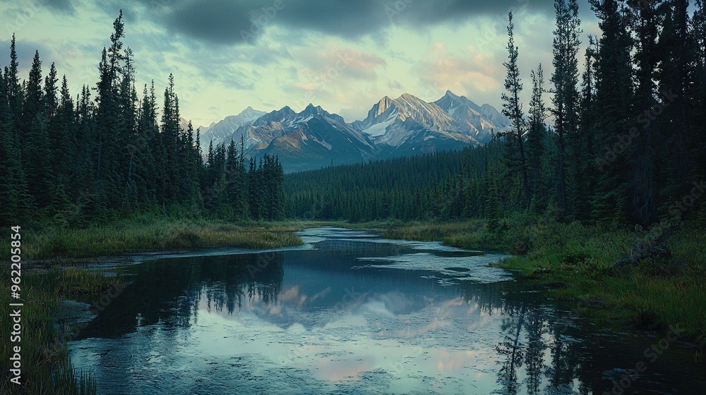 Naklejka premium A river flowing through a dense forest, surrounded by towering mountains and reflecting cloudy skies