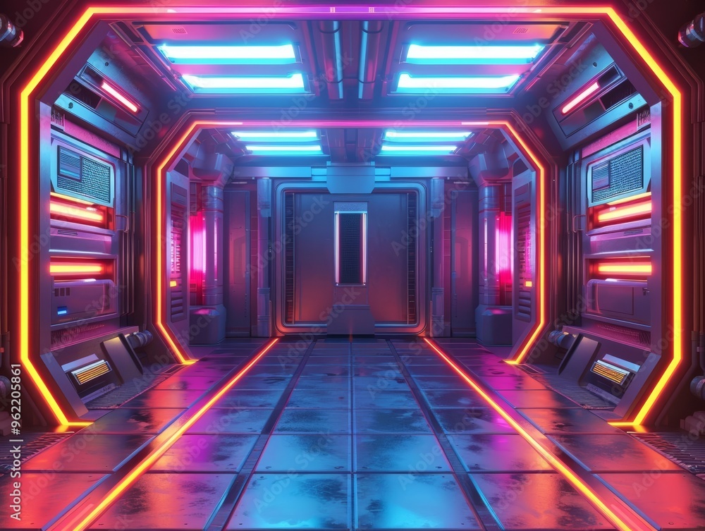Vibrant Neon Lights Illuminate a Futuristic 3D Room Creating a Modern and Stylish Ambiance