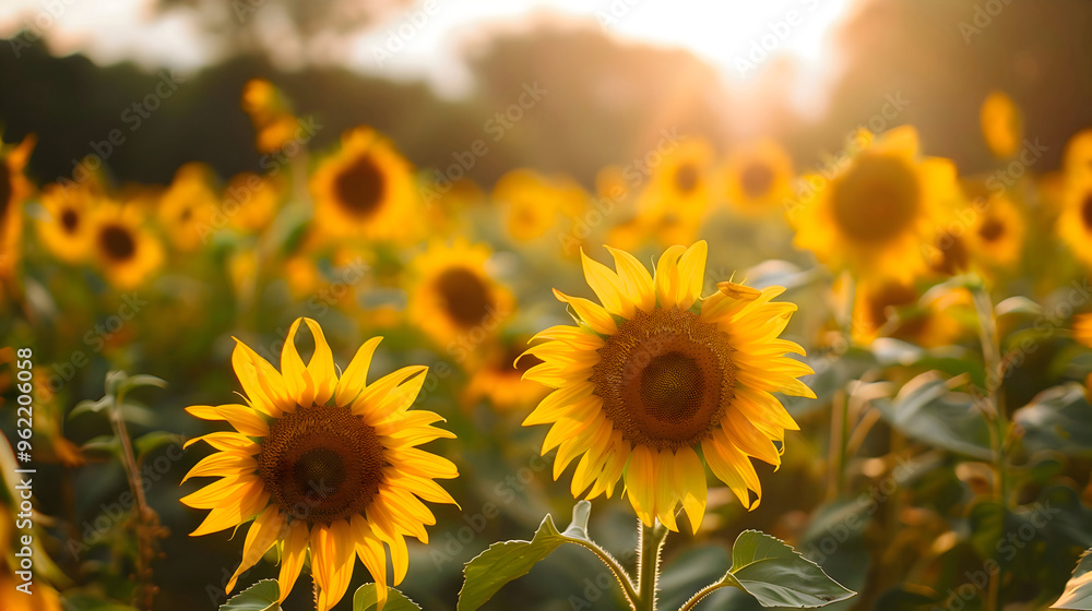 Sunflower garden in a field at sunset view Sunflower garden in a field at sunset view