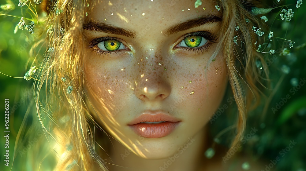 Close-up portrait of a young woman with green eyes and freckles, wearing a flower crown. Close-up portrait of a young woman with green eyes and freckles, wearing a flower crown.