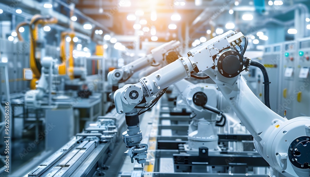 Advanced robotic automation in a modern manufacturing facility, showcasing precision and efficiency in industrial processes. Advanced robotic automation in a modern manufacturing facility, showcasing precision and efficiency in industrial processes.