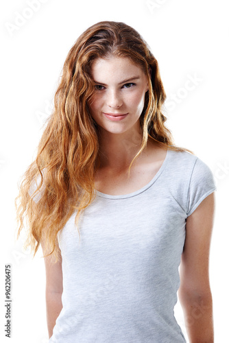 Portrait, girl and smile for fashion, hair care or style on studio backdrop for confidence or pride. Female person, positive and trendy on white background as casual with volume or texture as redhead