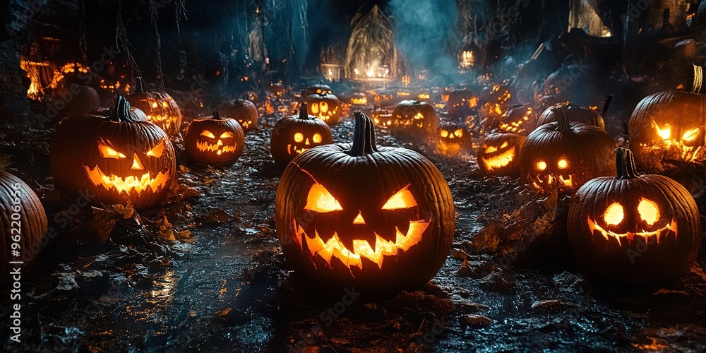 Walking Through a Dark Cave, Candles Set Up Inside and the Pumpkin Glows on Halloween Night. Traditional Halloween Symbol Walking Through a Dark Cave, Candles Set Up Inside and the Pumpkin Glows on Halloween Night. Traditional Halloween Symbol