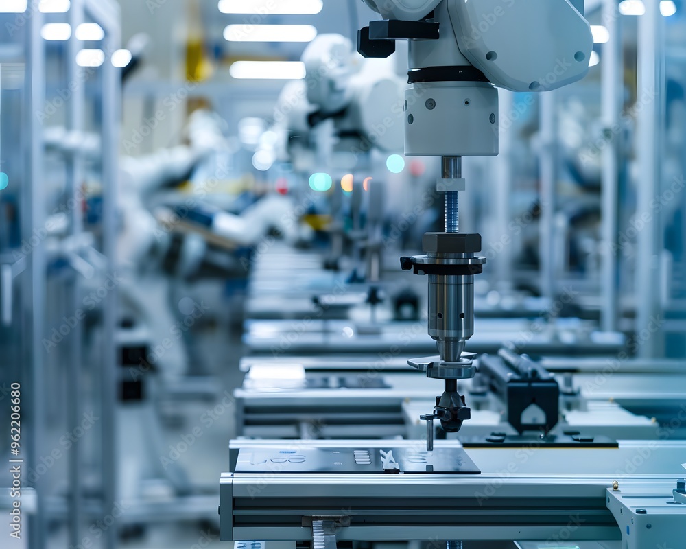 An industrial robotic arm working in a modern automated factory, showcasing advanced technology and efficient manufacturing processes. An industrial robotic arm working in a modern automated factory, showcasing advanced technology and efficient manufacturing processes.