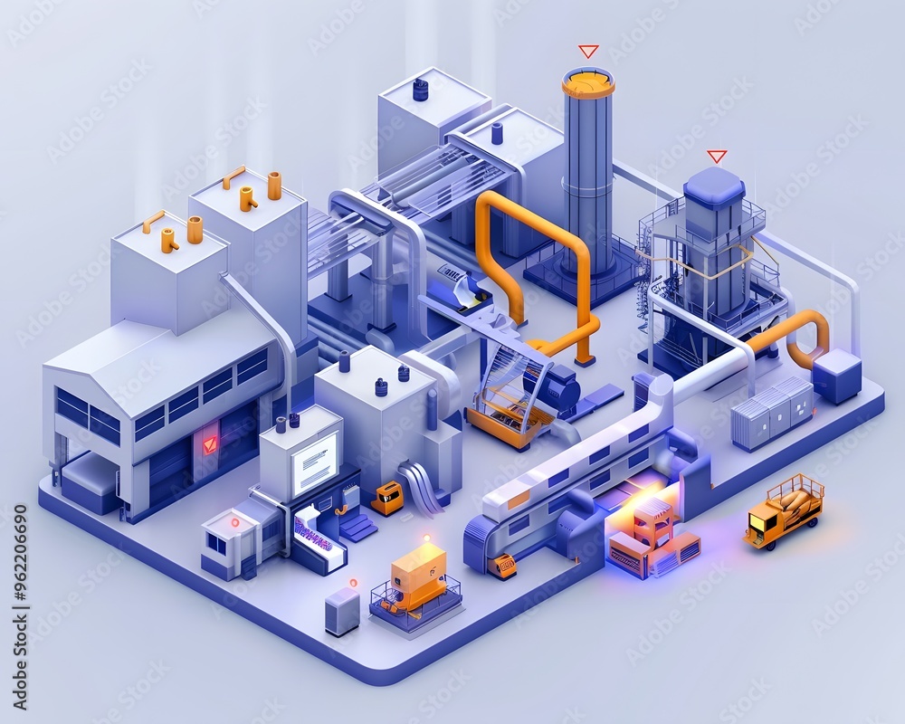 An isometric industrial factory scene featuring machinery, pipes, and equipment in a modern design for manufacturing settings. An isometric industrial factory scene featuring machinery, pipes, and equipment in a modern design for manufacturing settings.