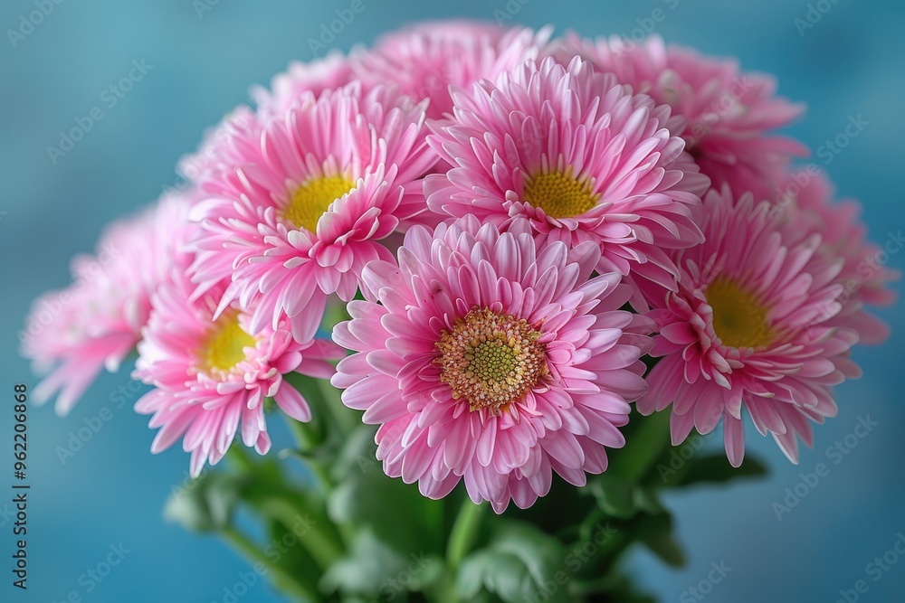 A Bouquet of Pink Gerbera Daisies with Blurred Blue Background A Bouquet of Pink Gerbera Daisies with Blurred Blue Background