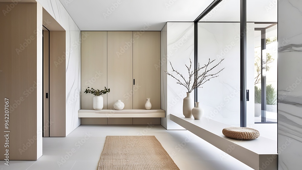 Fototapeta premium Modern Minimalist Entryway Design a modern entryway with a minimalist approach, emphasizing clean lines and a light, airy atmosphere