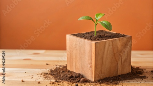 A small green plant sprouting from a wooden cube, set in dark soil, symbolizing growth and sustainability photo