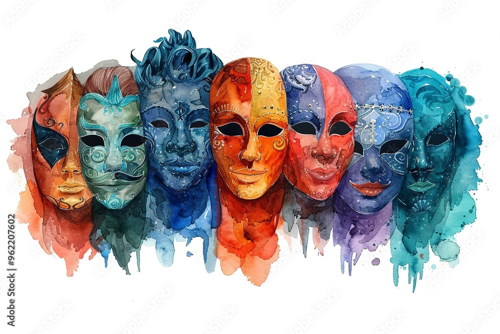 A whimsical watercolor illustration showcasing a variety of comedy masks used by theater actors. Each mask features vibrant hues and playful expressions, isolated on a simple background to highlight A whimsical watercolor illustration showcasing a variety of comedy masks used by theater actors. Each mask features vibrant hues and playful expressions, isolated on a simple background to highlight