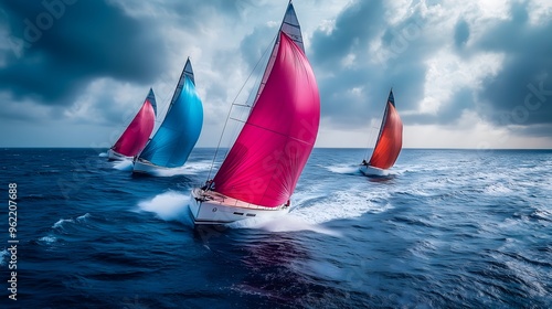 sports sailboats race across the open sea, their sleek, colorful sails cutting through the water as waves crash against the boats