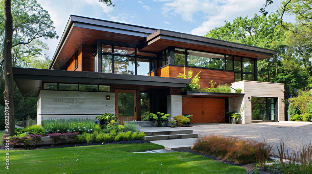 Modern House with Large Windows and Green Landscaping Modern House with Large Windows and Green Landscaping