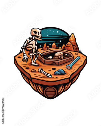 Illustration of a skeleton digging up an alien fossil at an archaeological dig site on a planet with a rocky landscape.