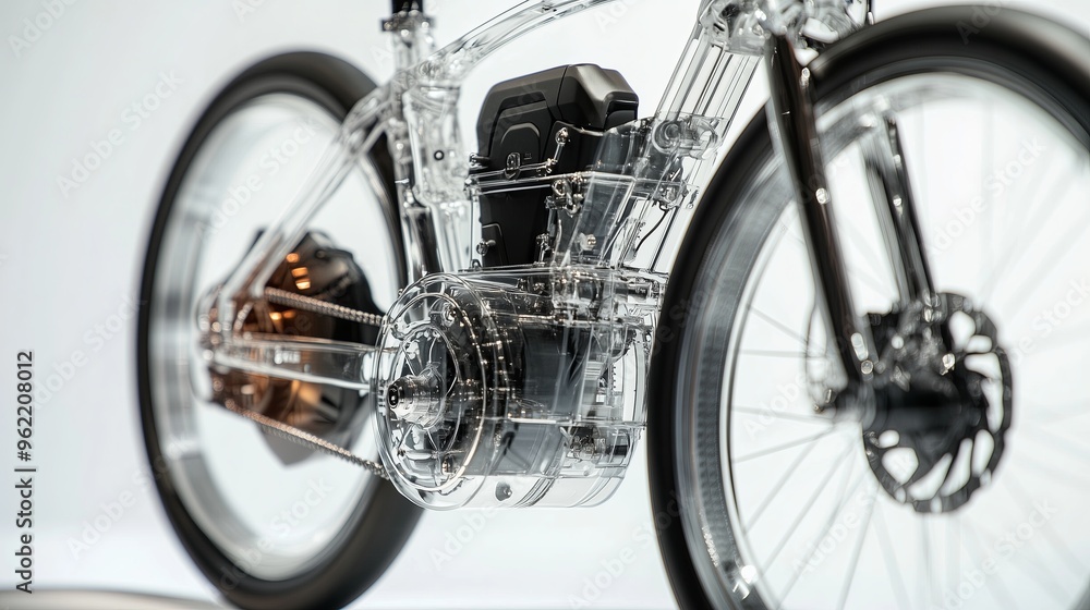 A detailed and realistic of a semi transparent electric bicycle, showcasing its modern exterior and A detailed and realistic of a semi transparent electric bicycle, showcasing its modern exterior and