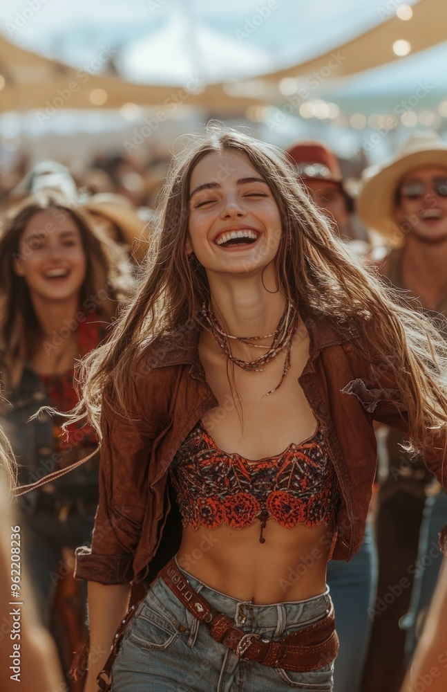 Friends in cowboy outfits dancing, laughing at country music festival, surrounded by fashionable attendees outdoors Friends in cowboy outfits dancing, laughing at country music festival, surrounded by fashionable attendees outdoors