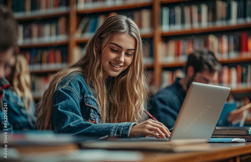 Students studying in a library, one using a laptop, another taking notes on paper Students studying in a library, one using a laptop, another taking notes on paper