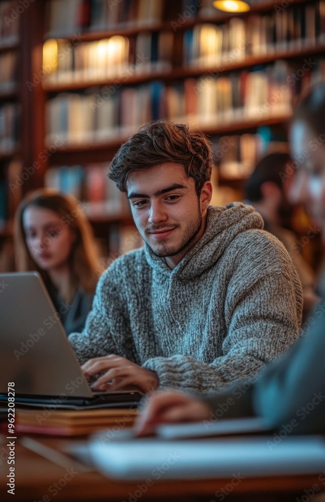 Students studying in a library, one using a laptop, another taking notes on paper Students studying in a library, one using a laptop, another taking notes on paper
