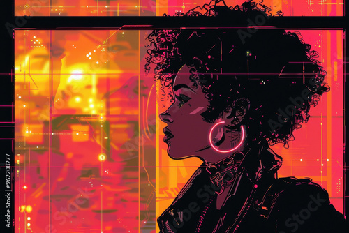 Neon-lit cyberpunk woman profile illustration photo