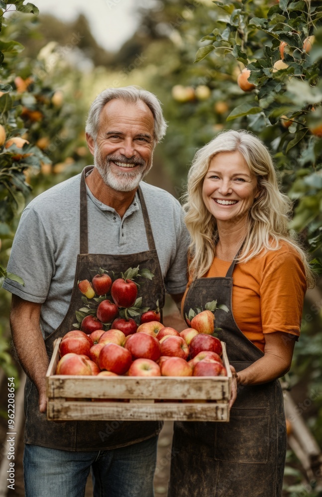 Senior couple smiling while holding apples in an orchard with wooden boxes of fruit Senior couple smiling while holding apples in an orchard with wooden boxes of fruit