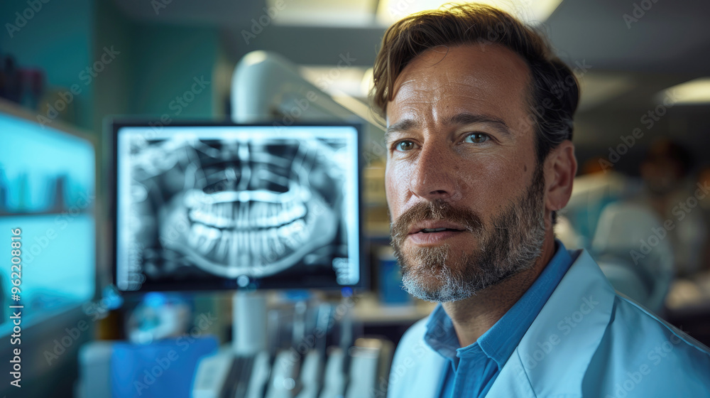 A young female dentist in a white uniform against the background of a modern dental office and an X-ray image of the patient’s teeth. Image for a dental clinic website, advertising dentist services. A young female dentist in a white uniform against the background of a modern dental office and an X-ray image of the patient’s teeth. Image for a dental clinic website, advertising dentist services.