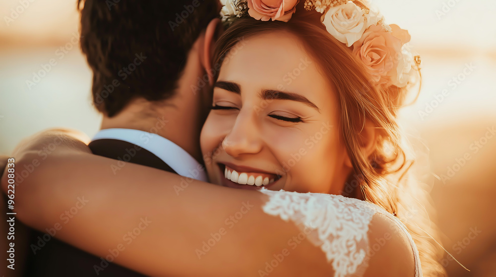 Close up of bride hugging groom at beach, seaside. Woman wearing wedding dress smiling, getting married with man wearing costume. Concept of marriage and family relations Close up of bride hugging groom at beach, seaside. Woman wearing wedding dress smiling, getting married with man wearing costume. Concept of marriage and family relations