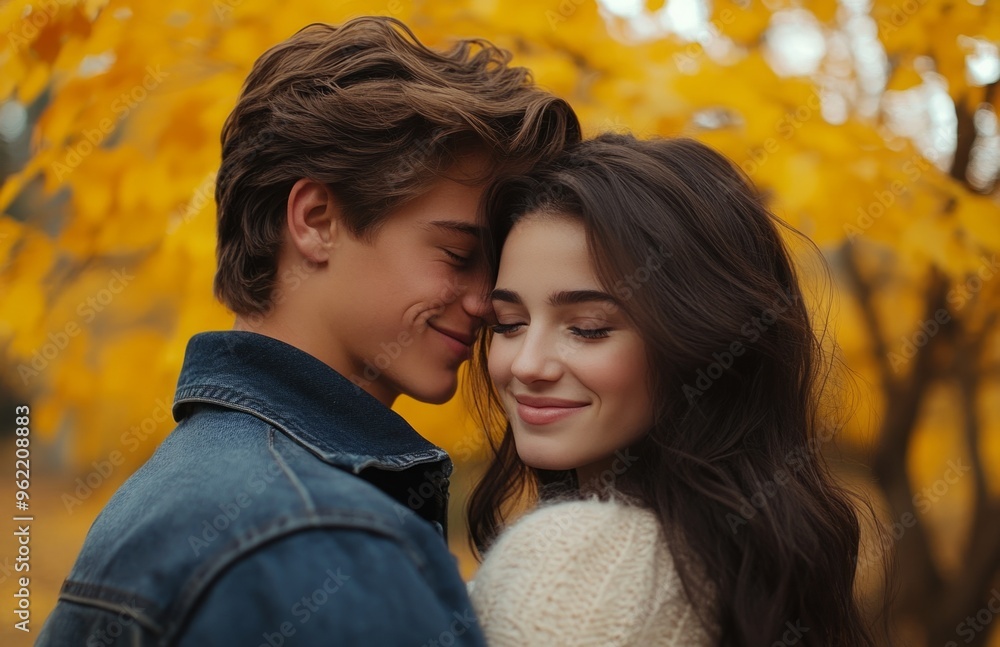 A loving young couple, man embracing girlfriend from behind, smiling in autumn park with yellow trees A loving young couple, man embracing girlfriend from behind, smiling in autumn park with yellow trees