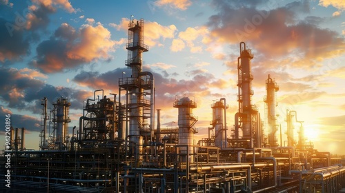 Wallpaper Mural industrial marvel massive oil refinery complex with intricate network of gleaming pipelines towering distillation columns and hightech control systems set against a dramatic sunset sky Torontodigital.ca