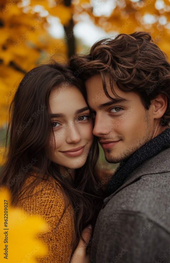 A loving young couple, man embracing girlfriend from behind, smiling in autumn park with yellow trees A loving young couple, man embracing girlfriend from behind, smiling in autumn park with yellow trees
