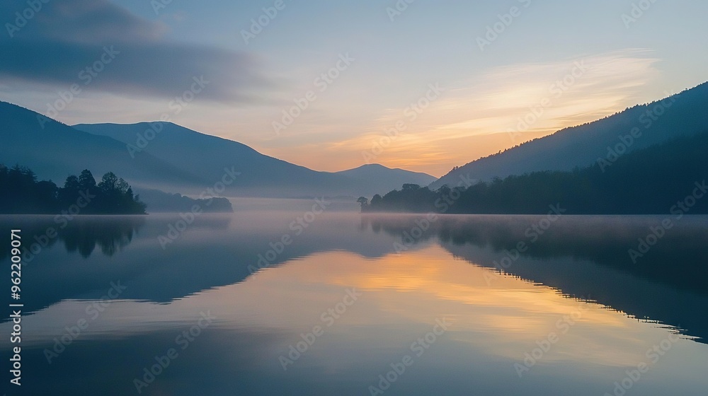 A serene lake surrounded by majestic mountains and dotted with fluffy white clouds above, while lush greenery frames the foreground A serene lake surrounded by majestic mountains and dotted with fluffy white clouds above, while lush greenery frames the foreground