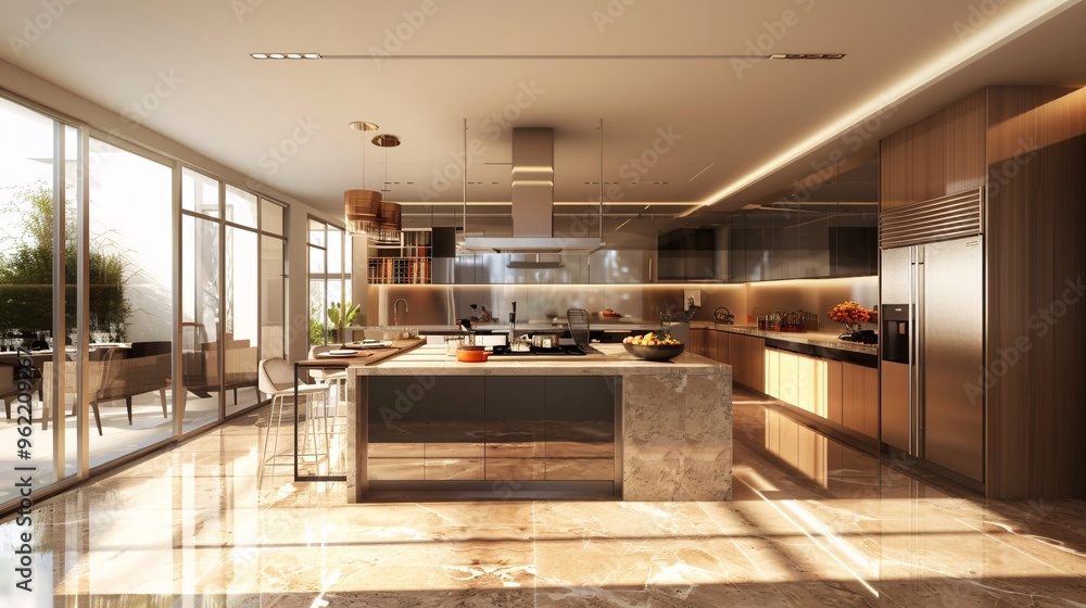 Modern kitchen interior design with large island, stainless steel appliances, and wooden cabinets Modern kitchen interior design with large island, stainless steel appliances, and wooden cabinets