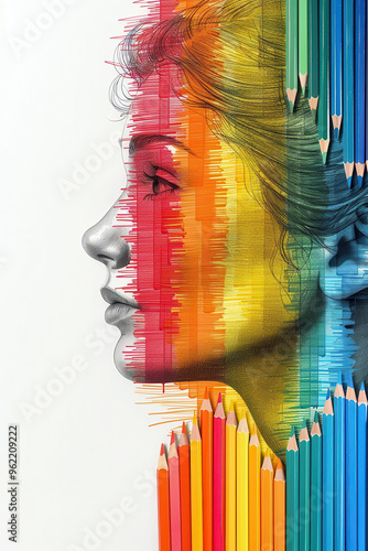 Surreal profile portrait with colorful pencils and sketch lines photo