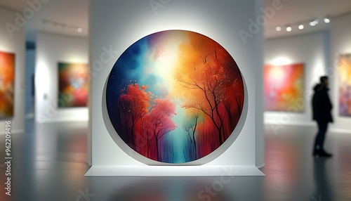 A round work of art in an exhibition is rich in colors and a figure with a blurred background appears peaceful and mysterious. photo