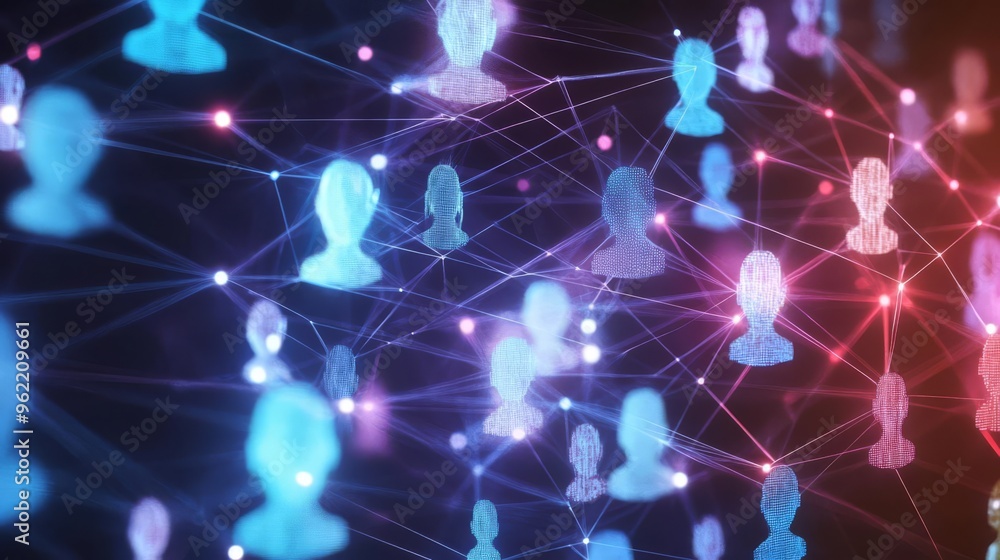 Fototapeta premium Digital representation of social network connections with blue and pink avatars linked by lines and dots in a virtual space.
