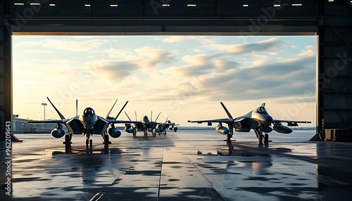 Several fighter jets parked in front of the hangar at the military airport in the background, demonstrating the power and technology of modern military aviation. photo