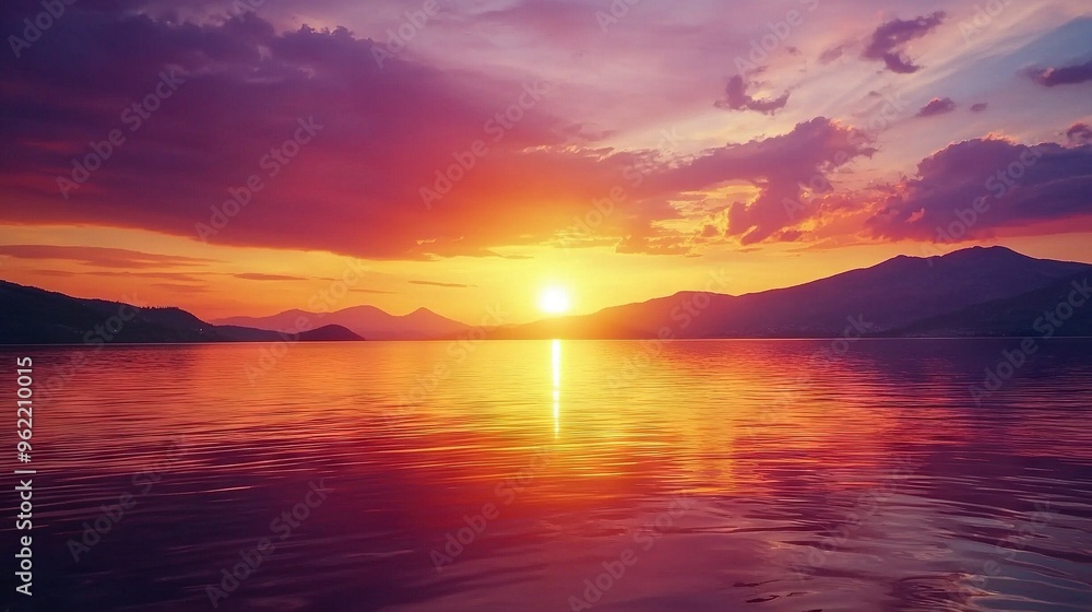 A vast expanse of water stretches out, bathed in the warm colors of sunset, with towering mountains standing majestically on the opposite shore A vast expanse of water stretches out, bathed in the warm colors of sunset, with towering mountains standing majestically on the opposite shore