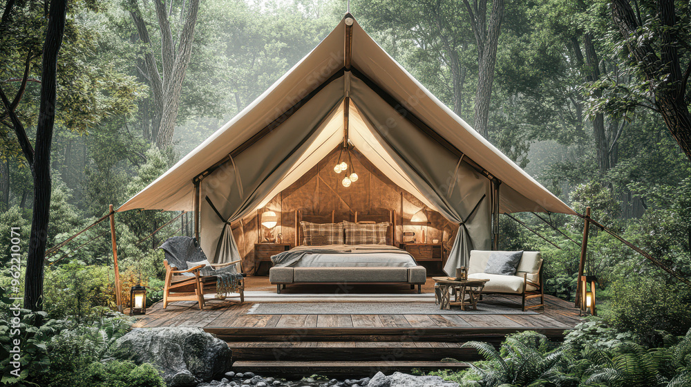 A tent with a bed inside and a chair outside A tent with a bed inside and a chair outside