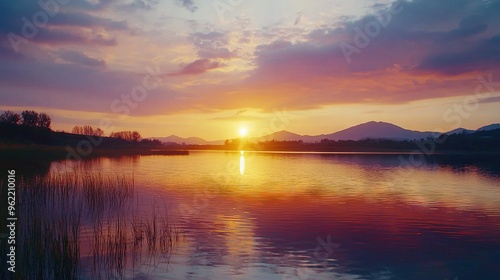  A serene lake at dusk with majestic mountain views and fluffy cloud formations above