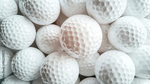 Golf Balls Clustered on White Background, a closeup view of numerous golf balls showcasing their texture and design, ideal for sports-related themes or marketing materials. photo