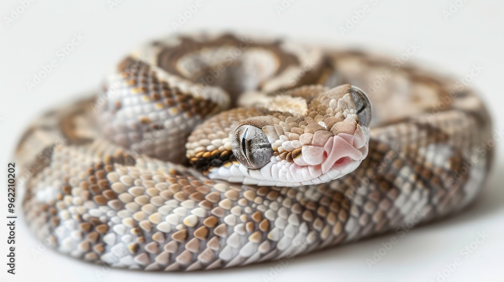 Close-up of a small, brown and white snake with a pink tongue curled up on a white background. Close-up of a small, brown and white snake with a pink tongue curled up on a white background.