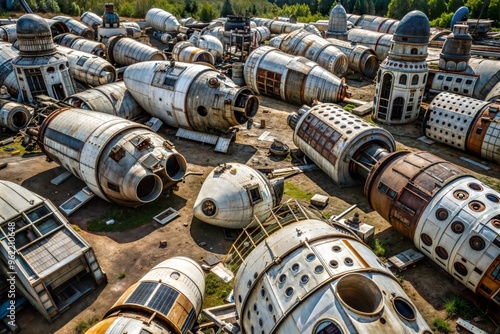 Decomissioned spacecrafts in junkyard under bright daylight photo