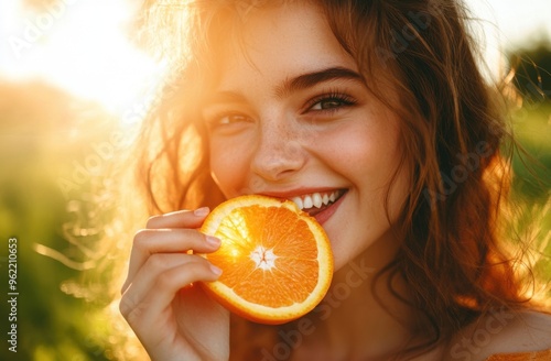 Portrait of a happy woman eating an orange slice in a summer nature setting, close up. A beautiful girl is smiling and holding the fruit with a bright smile at sunset on a sunny day.