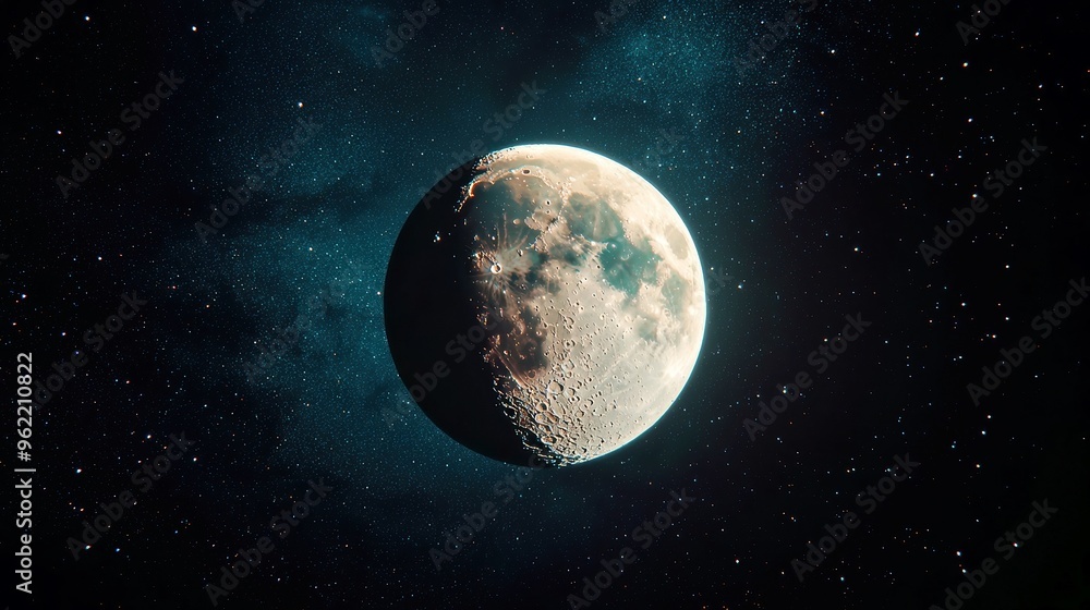 Obraz premium Starlit Night Sky with Moon, a vast expanse of deep blue adorned with shimmering stars, the luminous moon casting a gentle glow over the serene landscape, inviting wonder and tranquility