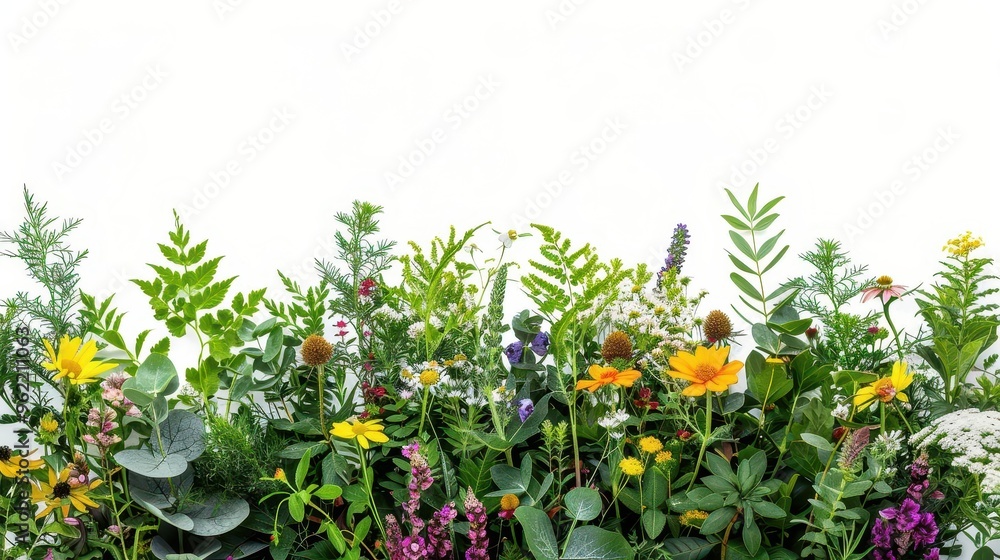 lush garden arrangement featuring a variety of green foliage and vibrant wildflowers isolated on white the composition showcases diverse textures and botanical beauty lush garden arrangement featuring a variety of green foliage and vibrant wildflowers isolated on white the composition showcases diverse textures and botanical beauty