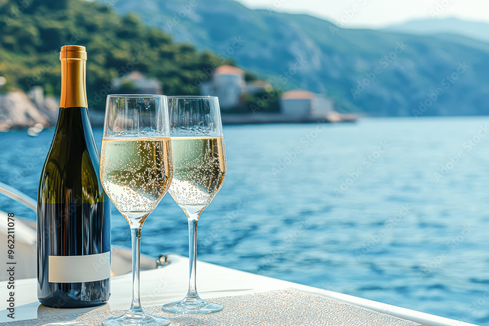A bottle of wine and two wine glasses are on a table by the water A bottle of wine and two wine glasses are on a table by the water