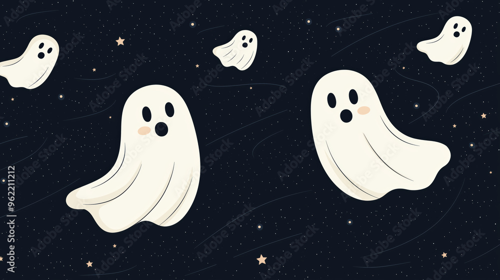 A Halloween themed poster with a group of ghostly figures flying through the sky A Halloween themed poster with a group of ghostly figures flying through the sky